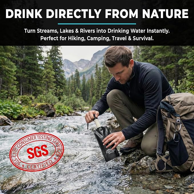 Tactiko Survival 20oz/600ml Purifying Water Bottle Filter Kit - Filter 265 Gal. Water from Rivers, Lakes & Streams - SGS Certified - UF Membrane, Activated Carbon - Camping, Hiking, Emergency (Black)