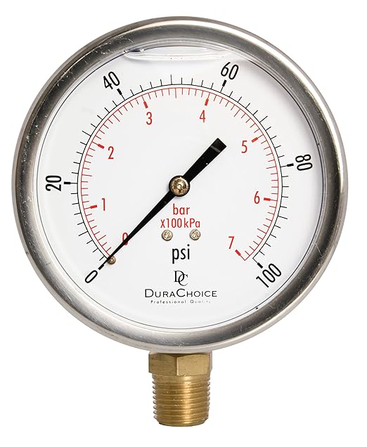 4" Oil Filled Pressure Gauge - Stainless Steel Case, Brass, 1/2" NPT, Lower Mount Connection, 0-100PSI