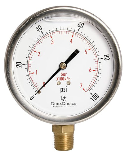4" Oil Filled Pressure Gauge - Stainless Steel Case, Brass, 1/2" NPT, Lower Mount Connection, 0-100PSI