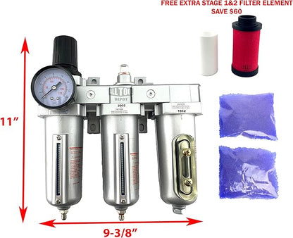 3 STAGE, HEAVY DUTY INDUSTRIAL GRADE FILTER REGULATOR COALESCING DESICCANT DRYER SYSTEM FOR COMPRESSED AIR LINE, METAL BOWLS, GREAT FOR PAINT SPRAY AND PLASMA CUTTER W/ELEMENTS (1/2"NPT, AUTO DRAIN)