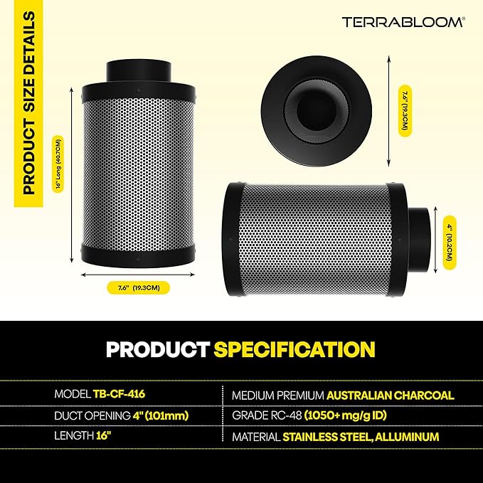 TerraBloom 4" x 16" Carbon Filter for Grow Tent - 46mm Charcoal Carbon Air Filter - Maximize Airflow with 350 CFM - Premium Filter for Homes & Commercial Applications