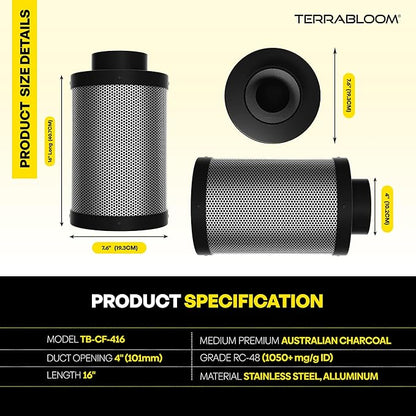 TerraBloom 4" x 16" Carbon Filter for Grow Tent - 46mm Charcoal Carbon Air Filter - Maximize Airflow with 350 CFM - Premium Filter for Homes & Commercial Applications