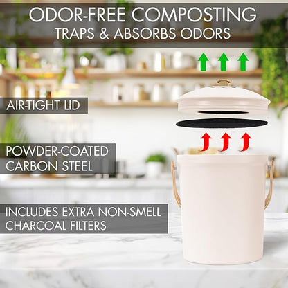 Beautiful Kitchen Compost Bin with Smell Proof Lid - Rust Proof and Odorless Compost Bucket for Your Countertop with No Smell Filters - Easy to Clean 1.1 Gallon Bin Looks Great On Any Kitchen Counter