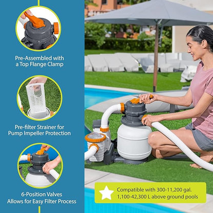 Bestway 58498E Flowclear 1500 Gallon Sand Filter Pool Pump for Above Ground 300 to 11,200 Gallon Swimming Pools with Adapter (Sand is Sold Separately)