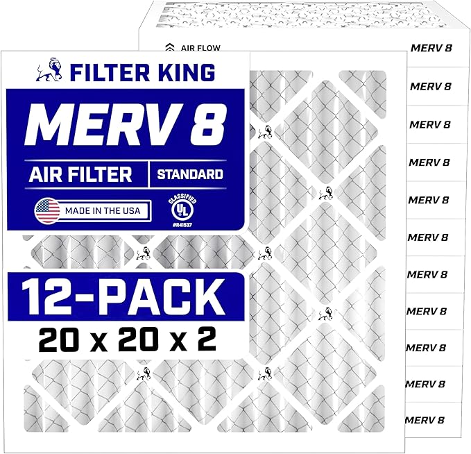 Filter King 20x20x2 Air Filter | 12-PACK | MERV 8 HVAC Pleated A/C Furnace Filters | MADE IN USA | Actual Size: 19.5 x 19.5 x 1.75"