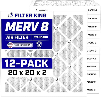 Filter King 20x20x2 Air Filter | 12-PACK | MERV 8 HVAC Pleated A/C Furnace Filters | MADE IN USA | Actual Size: 19.5 x 19.5 x 1.75"