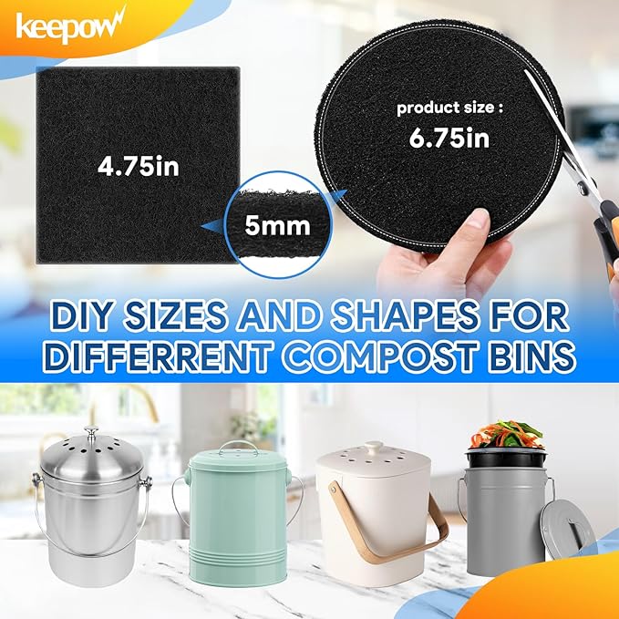 KEEPOW 12 Pack Compost Bin Filter for Kitchen Compost Bin Pail, Charcoal Filters for Compost Bucket, Activated Carbon Filter for Compost Pail Counter Refill (6 Round + 6 Square)