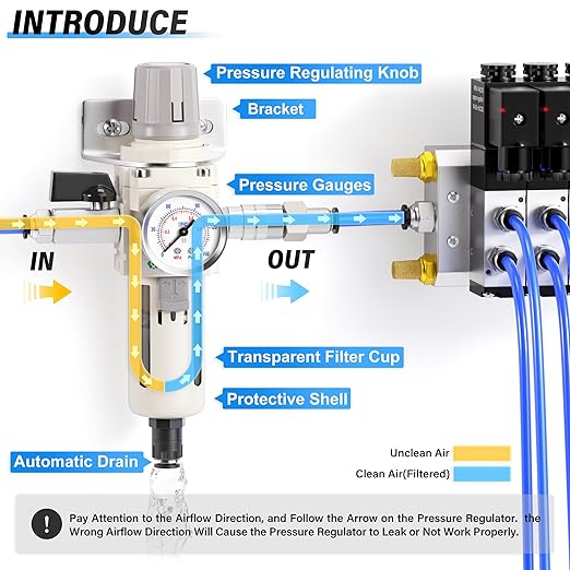 TAILONZ PNEUMATIC 3/8 Inch NPT Automatic Drain Air Filter Pressure Regulator Combo Piggyback, Air Tool Compressor Filter with Gauge AW3000-03D