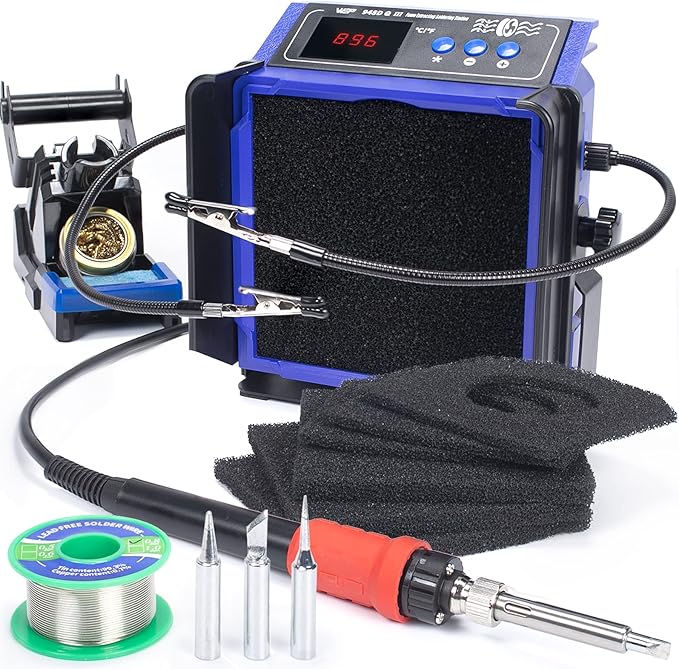 WEP 948DQ-III Fume Extractor Double Filtering with 110W Soldering Iron Station 2-in-1 Solder Smoke Absorber, with PID Control, ℉/℃, Sleep Mode, Tip Cleaner, 3 Soldering Tips, 35g Solder