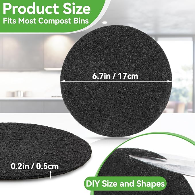 10PCS Compost Bin Charcoal Filters- 6.7inch Activated Carbon Filters，Round Charcoal Replacements for Kitchen Compost Bin Pail Replacement,Countertop Home Bucket Refill