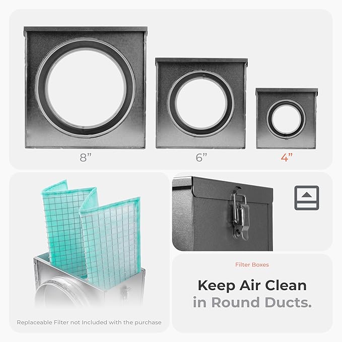 4 Inch Filter Box - Inline Duct Filter for Round Duct - Galvanized Steel Air Filter with EPDM Rubber Seal Gaskets - Intake Filter Ventilation - Air Filtration System for Home