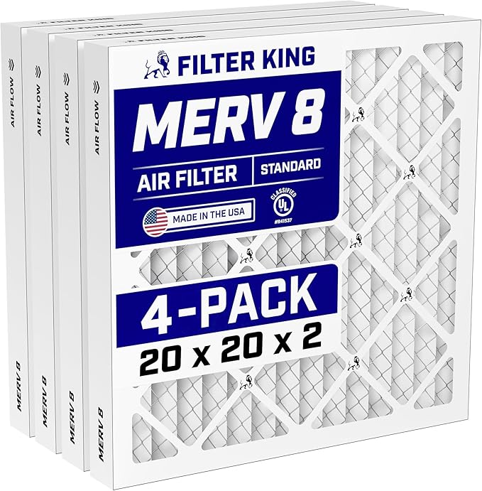 Filter King 20x20x2 Air Filter | 4-PACK | MERV 8 HVAC Pleated A/C Furnace Filters | MADE IN USA | Actual Size: 19.5 x 19.5 x 1.75"