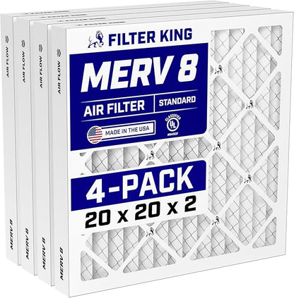 Filter King 20x20x2 Air Filter | 4-PACK | MERV 8 HVAC Pleated A/C Furnace Filters | MADE IN USA | Actual Size: 19.5 x 19.5 x 1.75"
