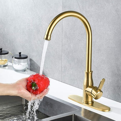 Brushed Gold Kitchen Faucet ，Modern High Arc Bar Sink Faucet ，Commercial Stainless Steel Kitchen Sink Faucet One Hole with Deck (Brushed Gold)
