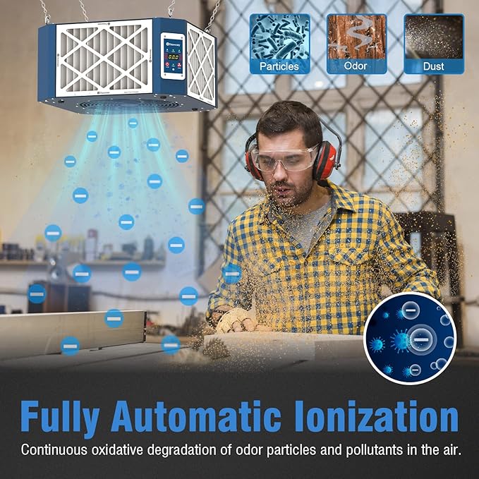 360° Woodshop Air Filtration System Woodworking - 1050/1350 CFM, Built-in Ionizer, with Strong Vortex Fan, Shop Air Filtration for Garage, Works Shop, Dust Collectors System, KMF12D, Blue
