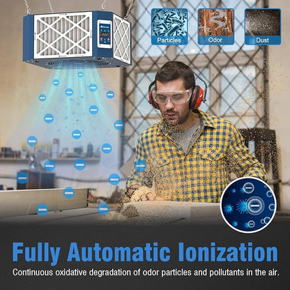 360° Woodshop Air Filtration System Woodworking - 1050/1350 CFM, Built-in Ionizer, with Strong Vortex Fan, Shop Air Filtration for Garage, Works Shop, Dust Collectors System, KMF12D, Blue
