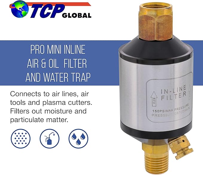 TCP Global Mini In-Line Air Filter, Oil and Water Separator - Aluminum Body, Drain Valve, Water Trap, Air Dryer Removes Moisture, Dirt, For Compressor Air Line Hose, Air Tool, Spray Gun, Plasma Cutter