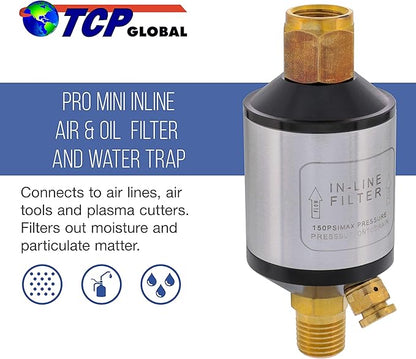 TCP Global Mini In-Line Air Filter, Oil and Water Separator - Aluminum Body, Drain Valve, Water Trap, Air Dryer Removes Moisture, Dirt, For Compressor Air Line Hose, Air Tool, Spray Gun, Plasma Cutter