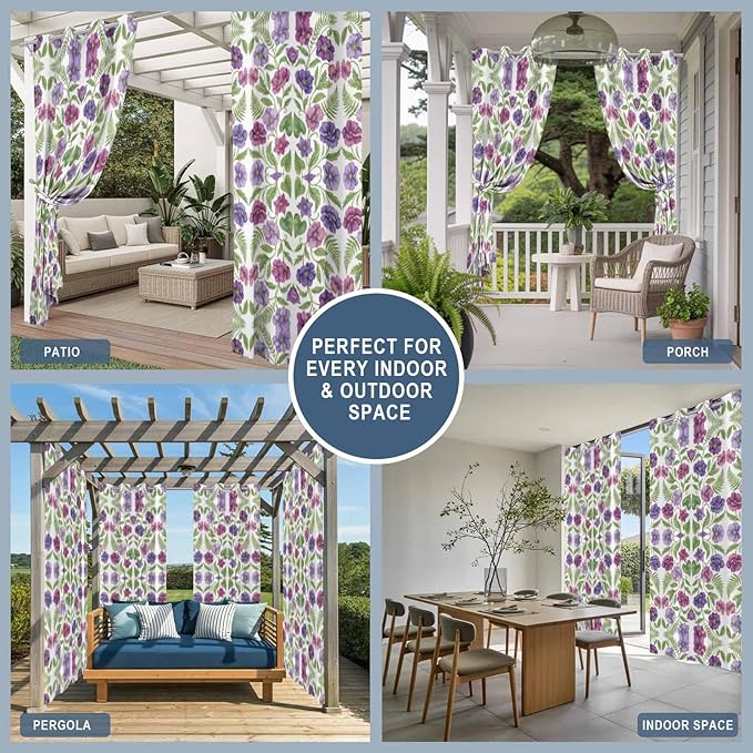 Flowers Outdoor Curtains for Patio Summer Floral Pastoral Farmhouse Plant Waterproof Outside Curtains with Grommet Top Weatherproof Curtain for Cabana Pergola Gazebo, 2 Pack, 54" W x 108" L