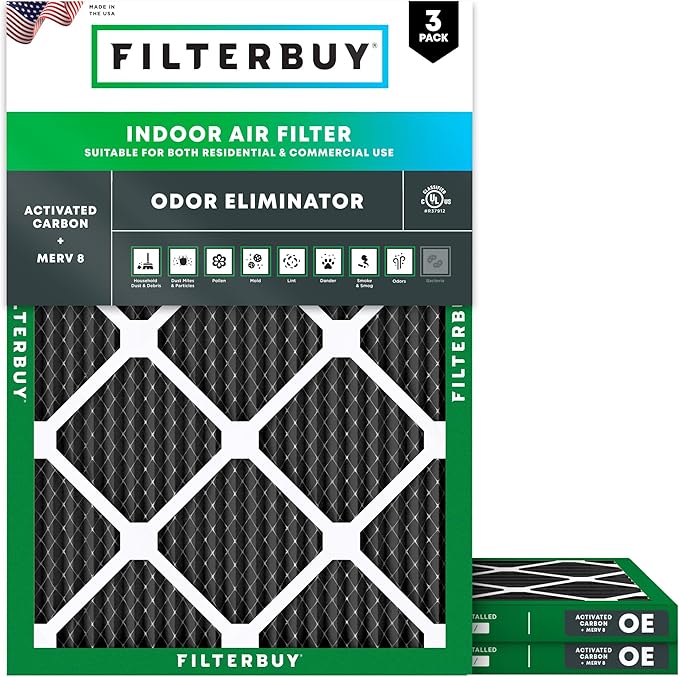 Filterbuy 22x24x1 Air Filter MERV 10 Odor & Allergy Defense with Activated Carbon (3-Pack), Electrostatic Pleated HVAC AC Furnace Filters Replacement, Made in USA (Actual Size: 21.50 x 23.50 x 0.75)