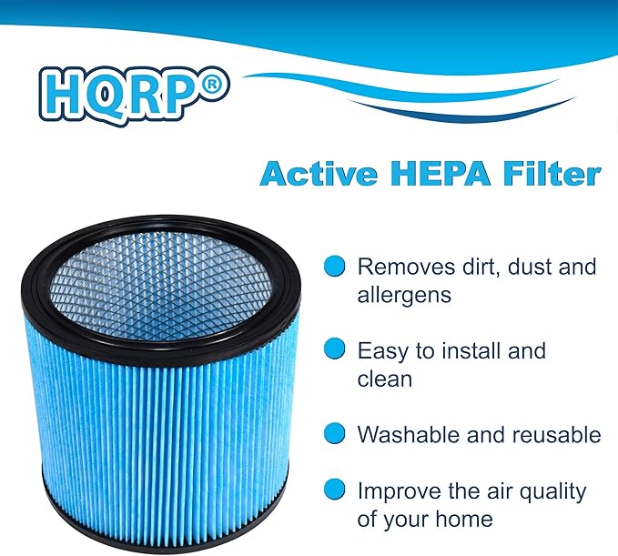 HQRP High Efficiency H13 HEPA Cartridge Filter 2-pack Replacement for Shop-vac 90340 90350 90304 90344 9034033, Fits most 4-16 Gallon Shop-Vac Wet/Dry Vacuums, Washable and Reusable, Blue