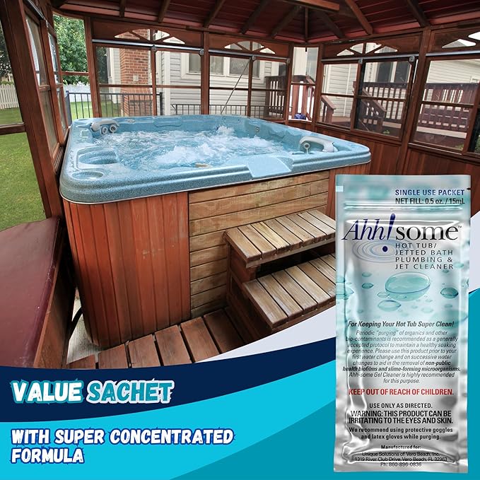 Ahh-Some - Hot Tub Serum Cleaner Sachet | Clean Pipes & Jets Gunk Build Up | Clear & Soften Water for Hot Tub, Jetted Tub, Swim Spa | Top Clarifier Up to 450 Gallons of Water (One Time Use Only)
