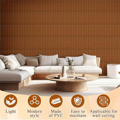 Nuanchu 32 Pcs 3D Slat Wall Panels 12 x 12 Inch PVC Fluted Textured Panel Cuttable Paintable DIY Wall Art Decorative Tiles for Ceiling Studio Bathroom Interior TV Background (Teak Grain)
