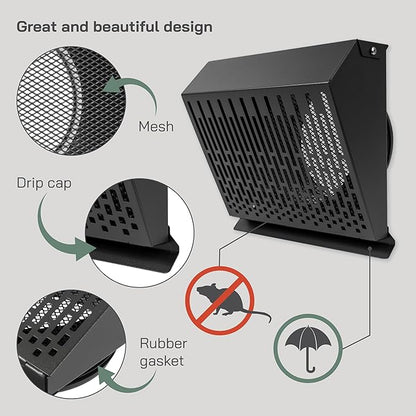 Vent Systems 6" Inch Exhaust Vent Cover with Rubber Gasket - Graphite Black Galvanized Steel - Robust Weatherproof Outdoor Air Exhaust Box - Duct or Surface Mounting - Rain and Snow Protection