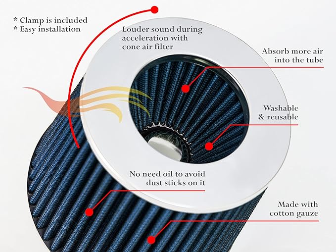 BLUE 6" 152 mm Inlet Truck Air Cone Replacement Performance Washable Clamp-On Dry Air Filter (8" Tall)