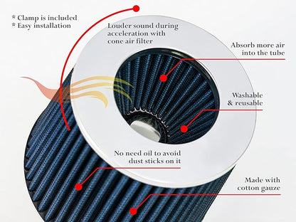 BLUE 6" 152 mm Inlet Truck Air Cone Replacement Performance Washable Clamp-On Dry Air Filter (8" Tall)