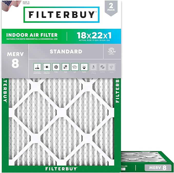 Filterbuy 18x22x1 Air Filter MERV 8 Essential Dust & Allergy Defense (2-Pack), Electrostatic Pleated HVAC AC Furnace Filters Replacement, Made in USA (Actual Size: 17.75 x 21.75 x 0.75)