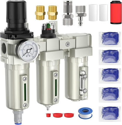 3/4" NPT Air Compressor Water Separator, Industrial Grade 3 Stage Air Drying System with 0-240 PSI Air Regulator, Particulate Filter, Coalescing Filter, Desiccant Dryer, Metal Bowl, Auto Drain