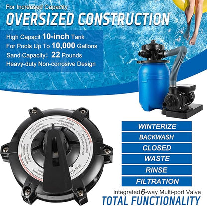 10'' Sand Pool Filter System 10000 Gallon Sand Filter with 1/3 HP Above Ground Swimming Pool Pump 6-Way Multi-Port Valve Pool Filter, Black & Blue