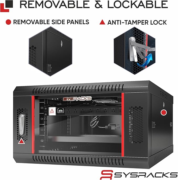 Sysracks 6U Wall Mount Server Rack Cabinet, 19” Locking Network Rack, 24” Deep, Glass Door, with Fan, PDU and Shelf