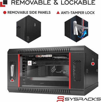 Sysracks 6U Wall Mount Server Rack Cabinet, 19” Locking Network Rack, 24” Deep, Glass Door, with Fan, PDU and Shelf