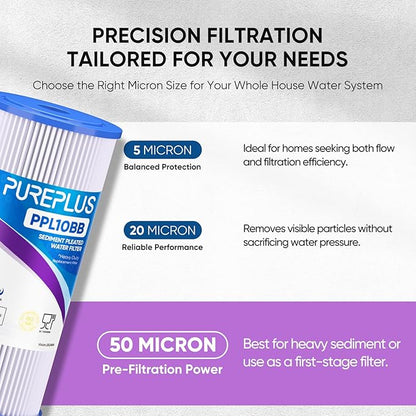 PUREPLUS 50 Micron 10" x 4.5" Extra Coarse Pleated Sediment Filter for Well Water, Replacement Cartridge for GE FXHSC, Culligan R50-BBSA, Pentek R50-BB, DuPont WFHDC3001, W50PEHD，GXWH40L, 4Pack