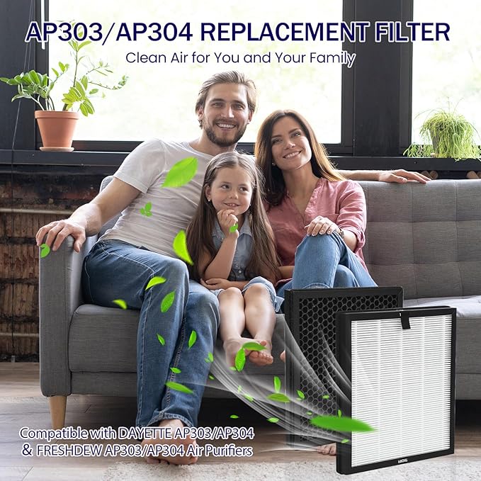 AP303 AP304 Replacement Filters 2 Pack, Compatible with DAYETTE AP303/AP304 Air Purifier, and Compatible with FRESHDEW AP303/AP304 Air Purifier, including H14 HEPA Layer and Activated Carbon Layer