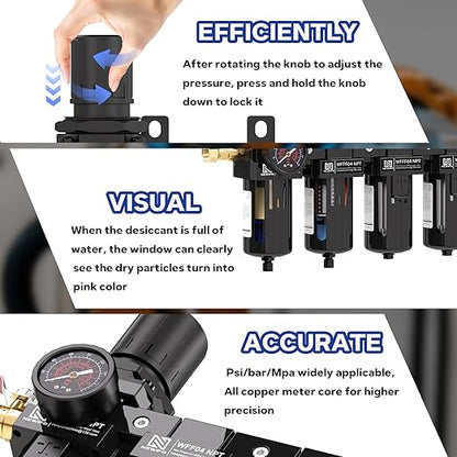 NEWPO 1/2'' NPT 4 Stage Air Dryer for Compressor,Air Drying System, Filter Regulator Dryer Combo for Plasma Cutter and Paint Spray,Semi-Auto Drain (Black)