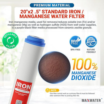 20" Slim Blue Iron Buster Filter Set (3-Pack) for Whole House Water Filtration Systems w/ 20" x 2.5" Sediment, Iron Manganese Reduction, CTO Carbon Block Water Filters