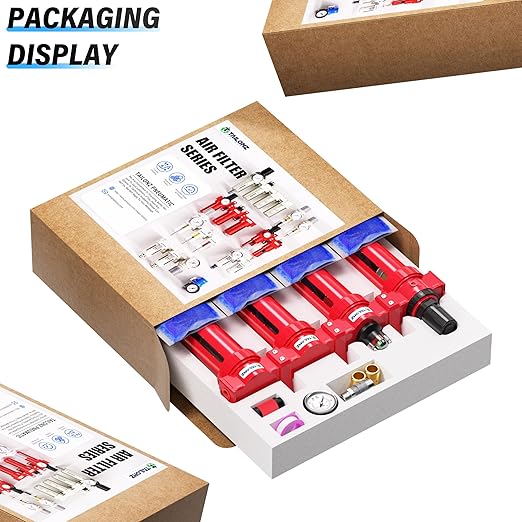 TAILONZ PNEUMATIC 0-150PSI 1/2 Inch NPT Red Industrial Grade 4 Stage Air Drying System, Particulate Filter, Coalescing Filter, Double Desiccant Dryer and Air Regulator (Manual Drainage)