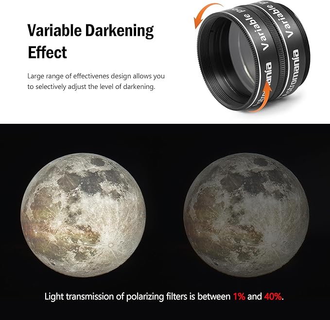 Astromania 1.25-Inch Telescope Eyepiece Filter Set(6 Pieces), Variable Grey Polarizing Filter, 5 Planetary Color Filters - Enhance Lunar Planetary Observation - Reduce Light Pollution