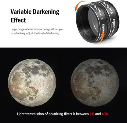 Astromania 1.25-Inch Telescope Eyepiece Filter Set(6 Pieces), Variable Grey Polarizing Filter, 5 Planetary Color Filters - Enhance Lunar Planetary Observation - Reduce Light Pollution