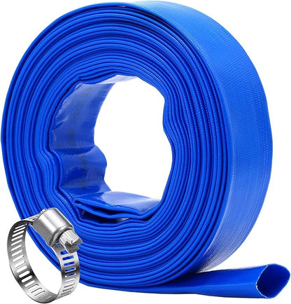DAVCO 2" x 25 ft Pool Backwash Hose, Heavy Duty Reinforced Blue PVC Lay Flat Water Discharge Pump Hoses For Swimming Drain Pools and Clean Filters,with 1 Clamp