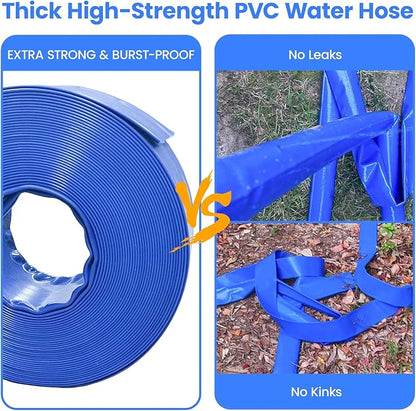 Poolvio Backwash Hose 1-1/2" x 50 ft, Blue Lay-Flat PVC Discharge Hose with 2 Stainless Steel Thumb Screw Clamps, Leak-Free for Swimming Pool Filter Cleaning, Flooded Area, Pond Draining