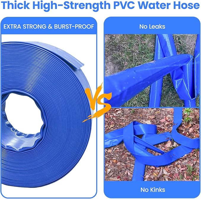 Poolvio Backwash Hose 2" x 50 ft, Blue Lay-Flat PVC Drain Hose with 2 Stainless Steel Thumb Screw Clamps, Tear-Resistant & Leak-Free for Swimming Pool Filter Cleaning, Flooded Area, Pond Draining