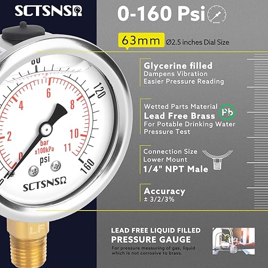 2-1/2" Dial Size, 0-160 Psi Lead-Free Pressure Gauge, Glycerin Liquid Filled, 1/4" NPT Lower Mount, Stainless Steel Case, for Regulator, Potable Water Pump, RV Hose, Well, Air, Pressure Test