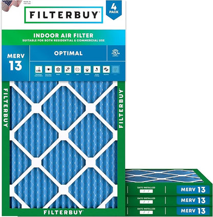 Filterbuy 11.25x23.25x1 Air Filter MERV 13 Optimal Smoke & Allergy Defense (4-Pack), Electrostatic Pleated HVAC AC Furnace Filters Replacement, Made in USA (Actual Size: 11.25 x 23.25 x 0.75)