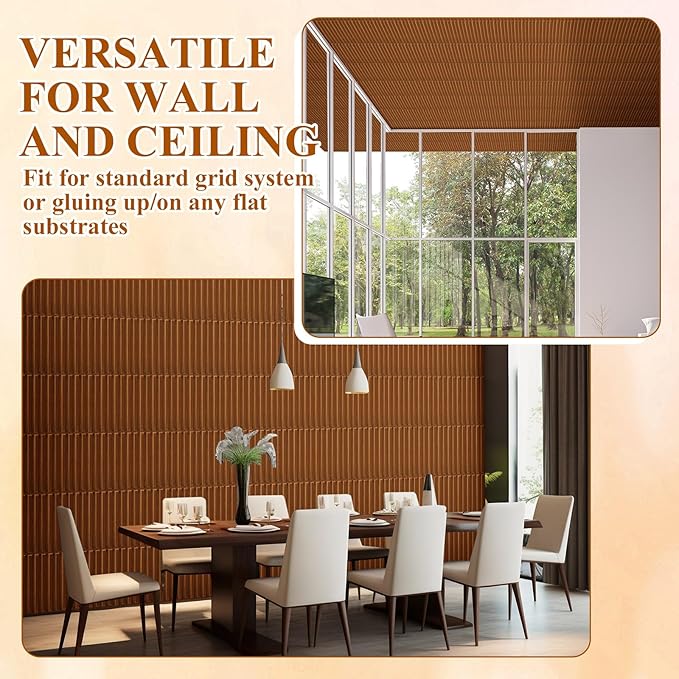 Nuanchu 32 Pcs 3D Slat Wall Panels 12 x 12 Inch PVC Fluted Textured Panel Cuttable Paintable DIY Wall Art Decorative Tiles for Ceiling Studio Bathroom Interior TV Background (Teak Grain)