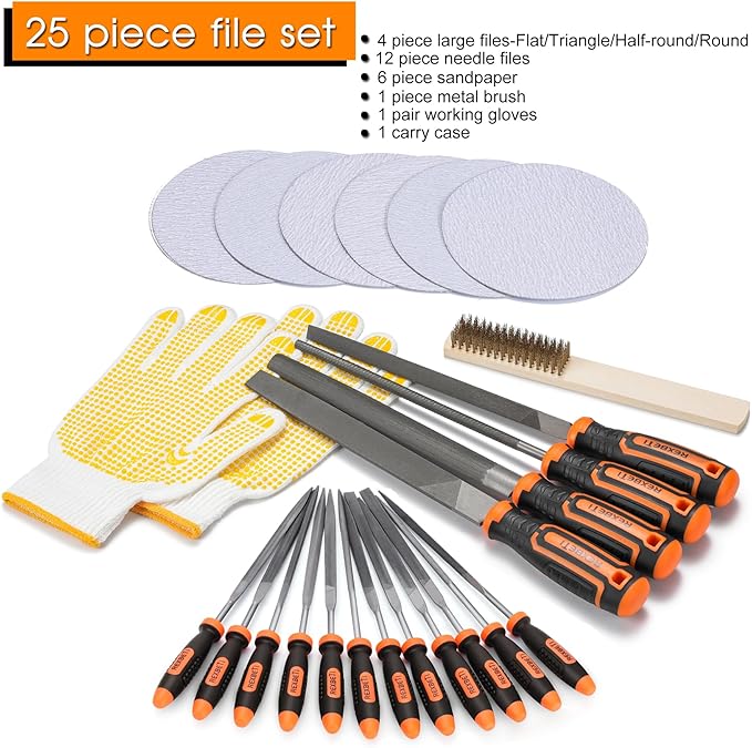 REXBETI 25Pcs Metal File Set, Premium Grade T12 Drop Forged Alloy Steel, Flat/Triangle/Half-round/Round Large File and 12pcs Needle Files with Carry Case, 6pcs Sandpaper, Brush, A Pair Working Gloves