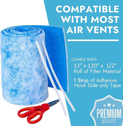 NORTHWEST ENTERPRISES Cut to Size Floor Vent Air Filters for home - MERV 8 Electrostatic Cut to Fit Air Filter Roll & Adhesive Hook Tape (12" x 120" Triple Filtration)